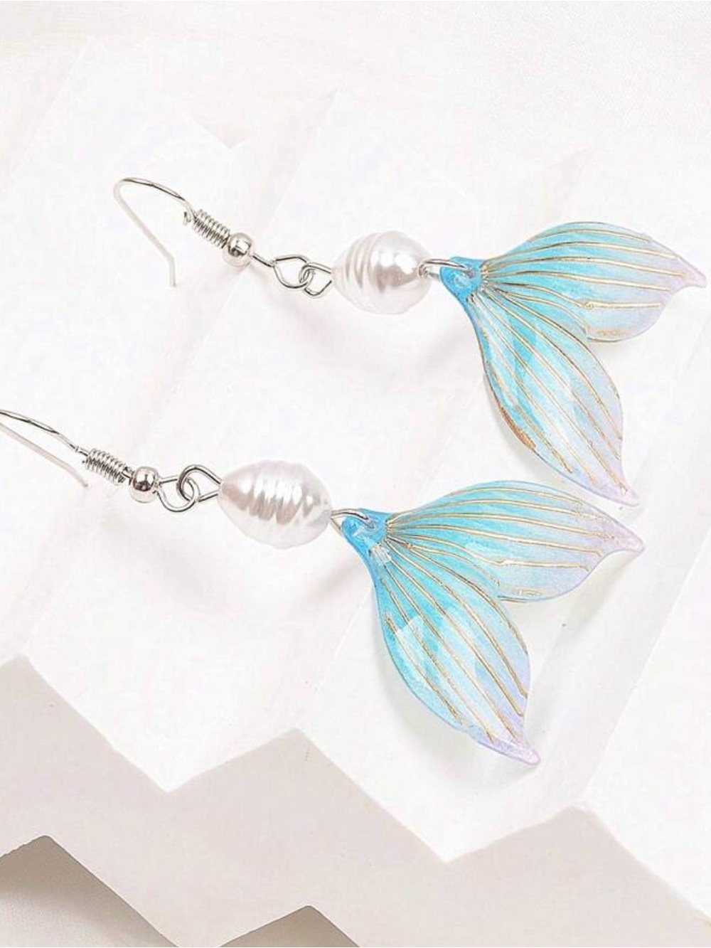 Blue Mermaid Tail Drop Earrings with Pearl Accent - Picture 3 of 7